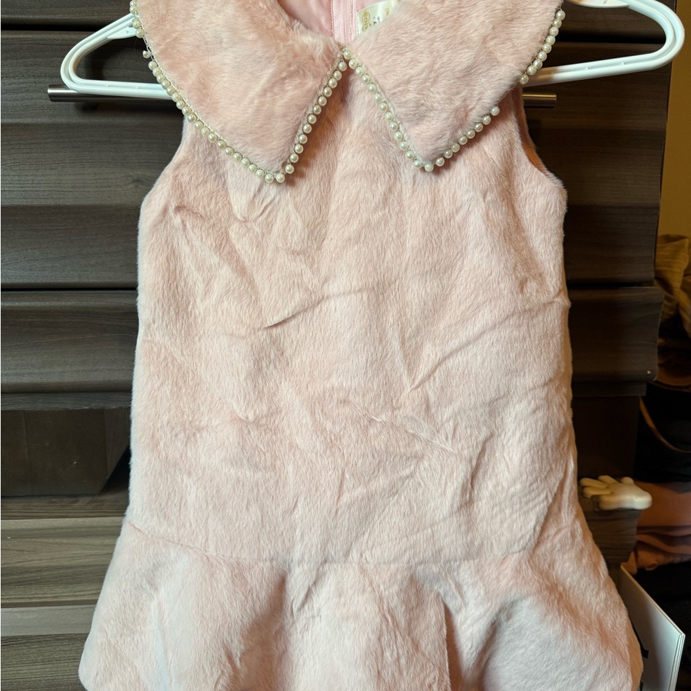 Pink Fuzzy Dress with Pearl Collar